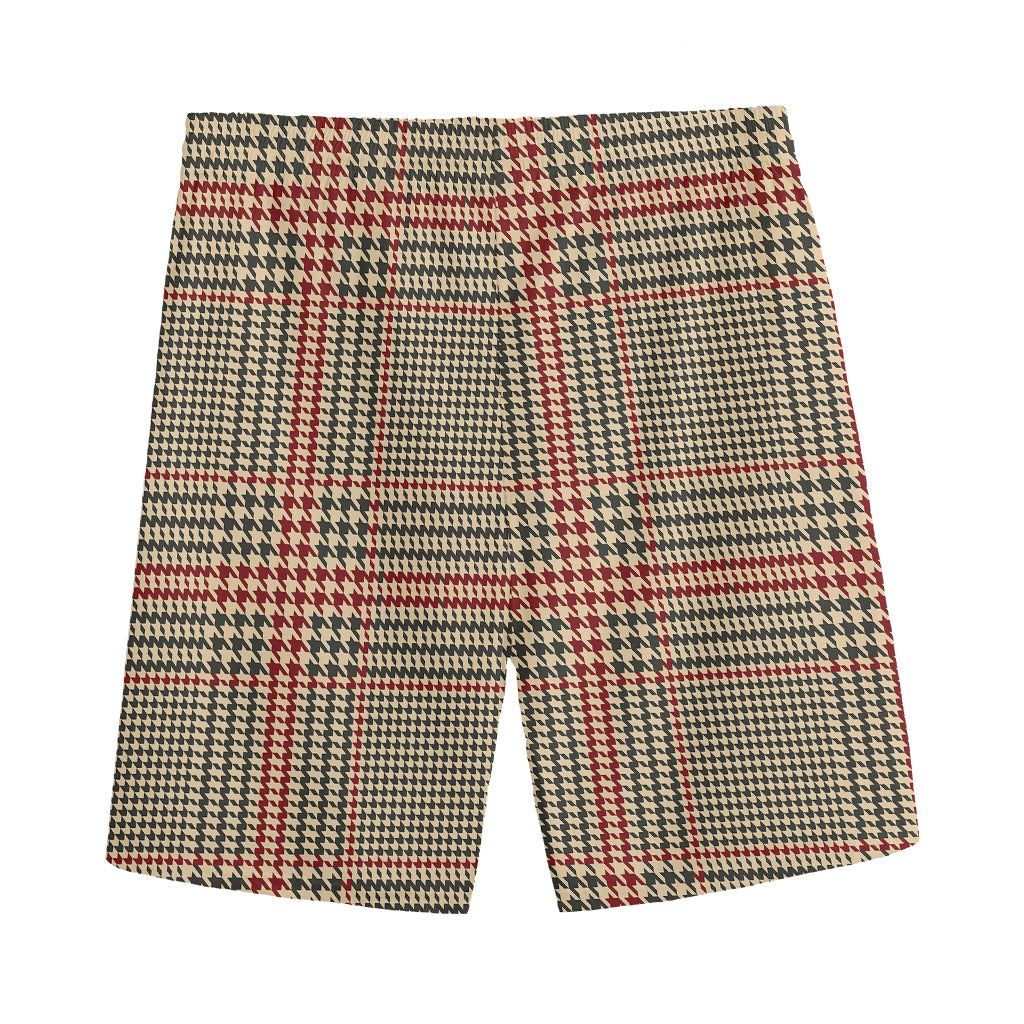 Brown Beige And Red Glen Plaid Print Men's Sports Shorts