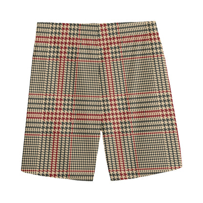 Brown Beige And Red Glen Plaid Print Men's Sports Shorts