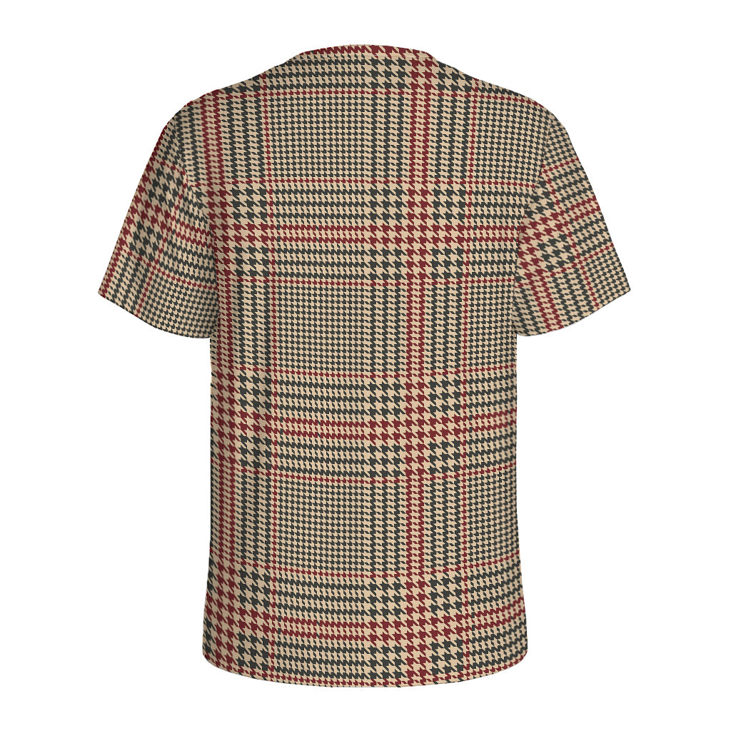 Brown Beige And Red Glen Plaid Print Men's Sports T-Shirt