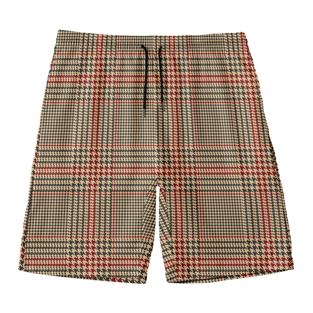 Brown Beige And Red Glen Plaid Print Men's Swim Trunks