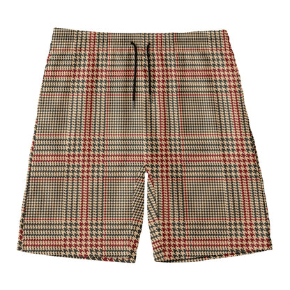 Brown Beige And Red Glen Plaid Print Men's Swim Trunks