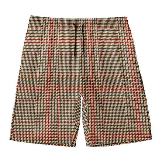 Brown Beige And Red Glen Plaid Print Men's Swim Trunks