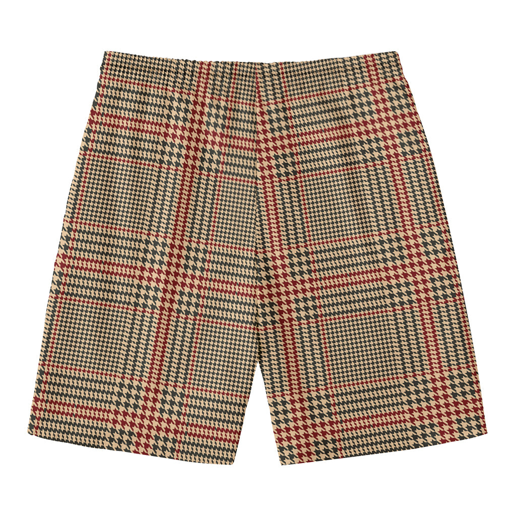 Brown Beige And Red Glen Plaid Print Men's Swim Trunks