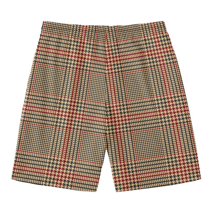 Brown Beige And Red Glen Plaid Print Men's Swim Trunks