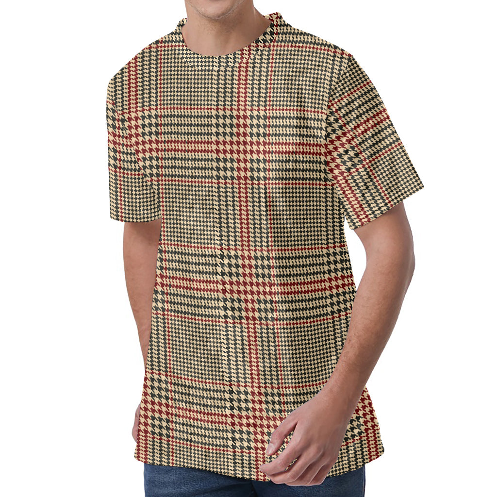 Brown Beige And Red Glen Plaid Print Men's Velvet T-Shirt