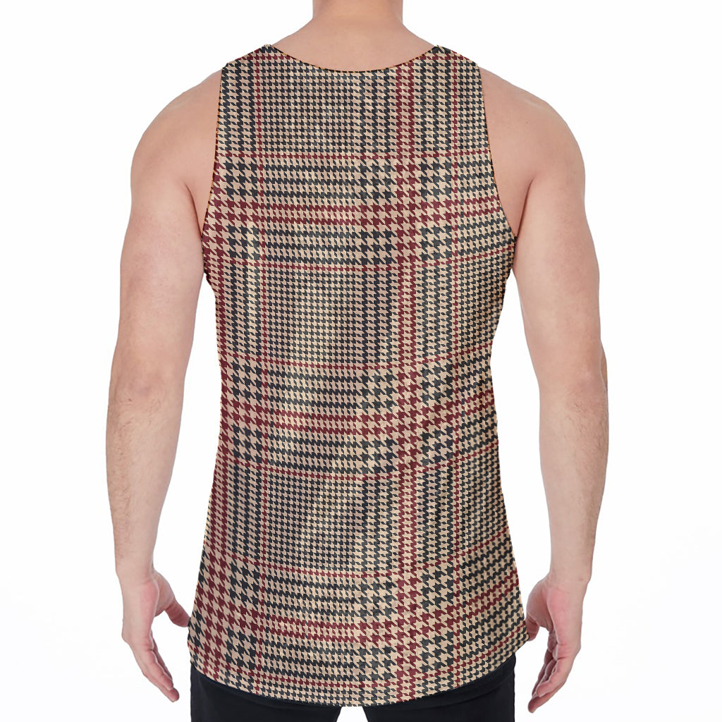 Brown Beige And Red Glen Plaid Print Men's Velvet Tank Top