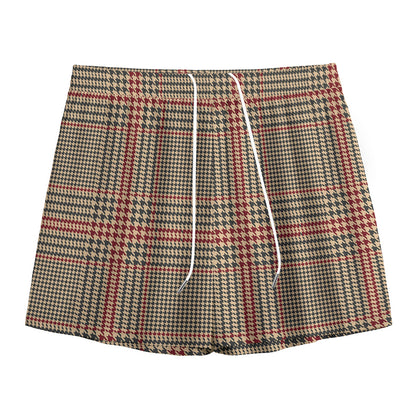Brown Beige And Red Glen Plaid Print Mesh Shorts