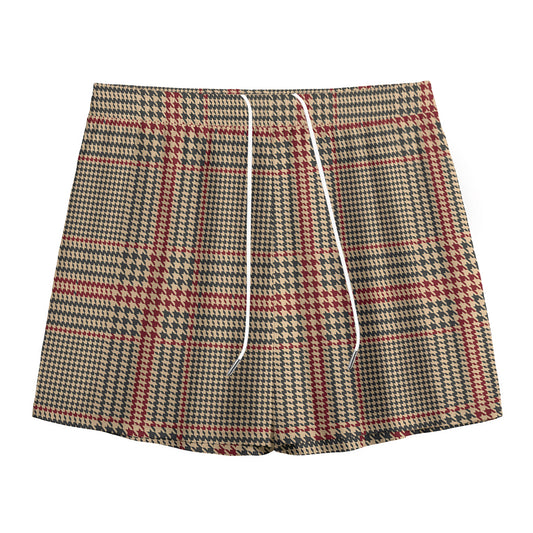 Brown Beige And Red Glen Plaid Print Mesh Shorts