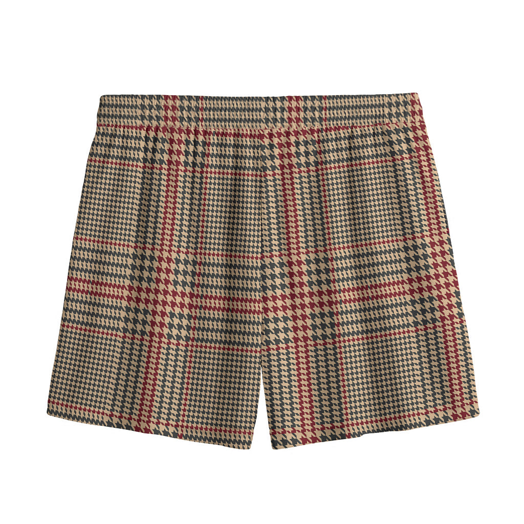 Brown Beige And Red Glen Plaid Print Mesh Shorts