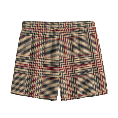 Brown Beige And Red Glen Plaid Print Mesh Shorts