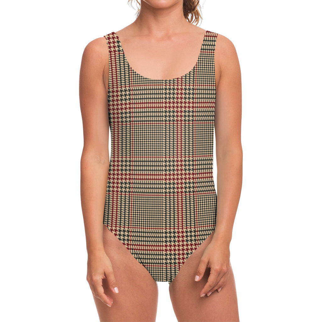 Brown Beige And Red Glen Plaid Print One Piece Swimsuit