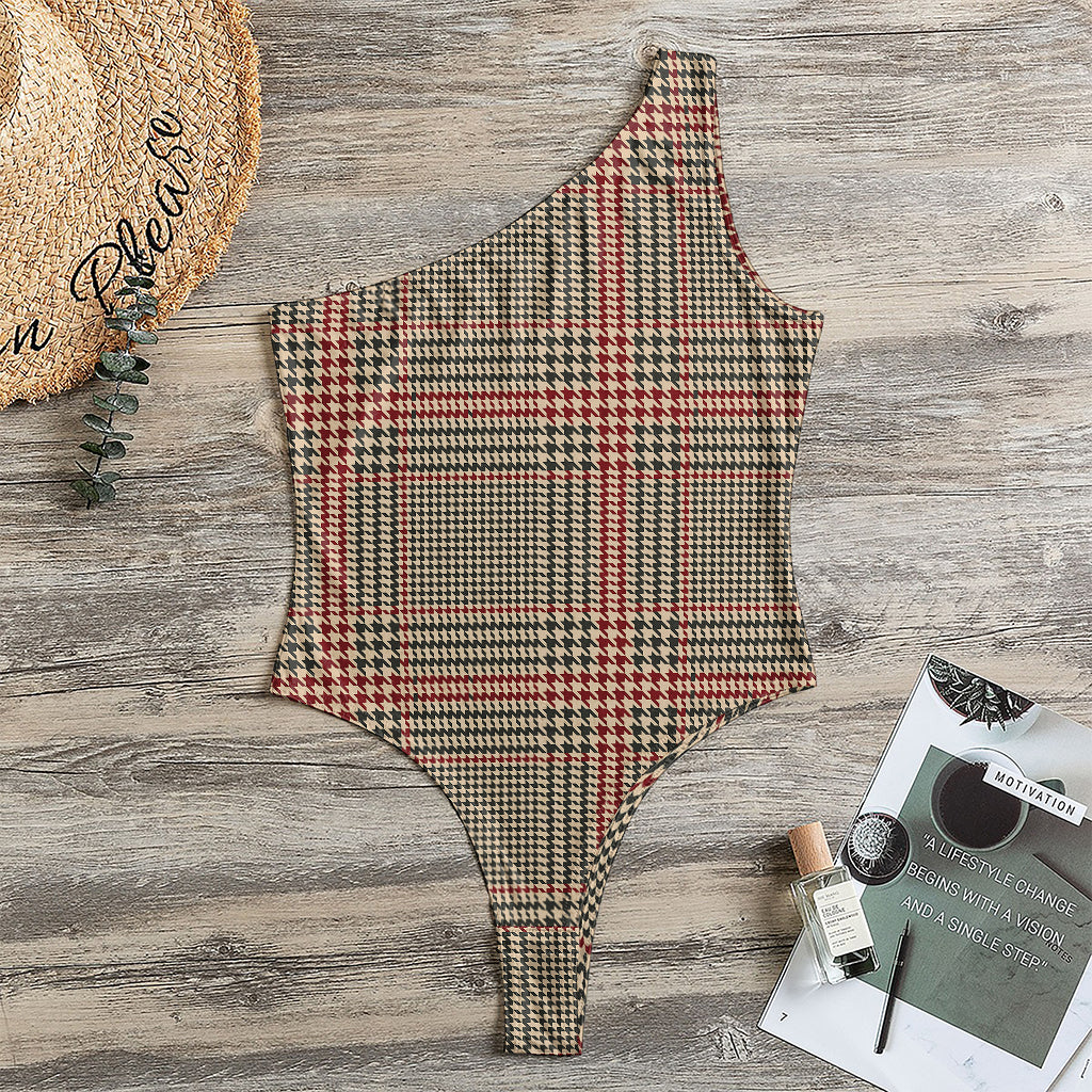 Brown Beige And Red Glen Plaid Print One Shoulder Bodysuit