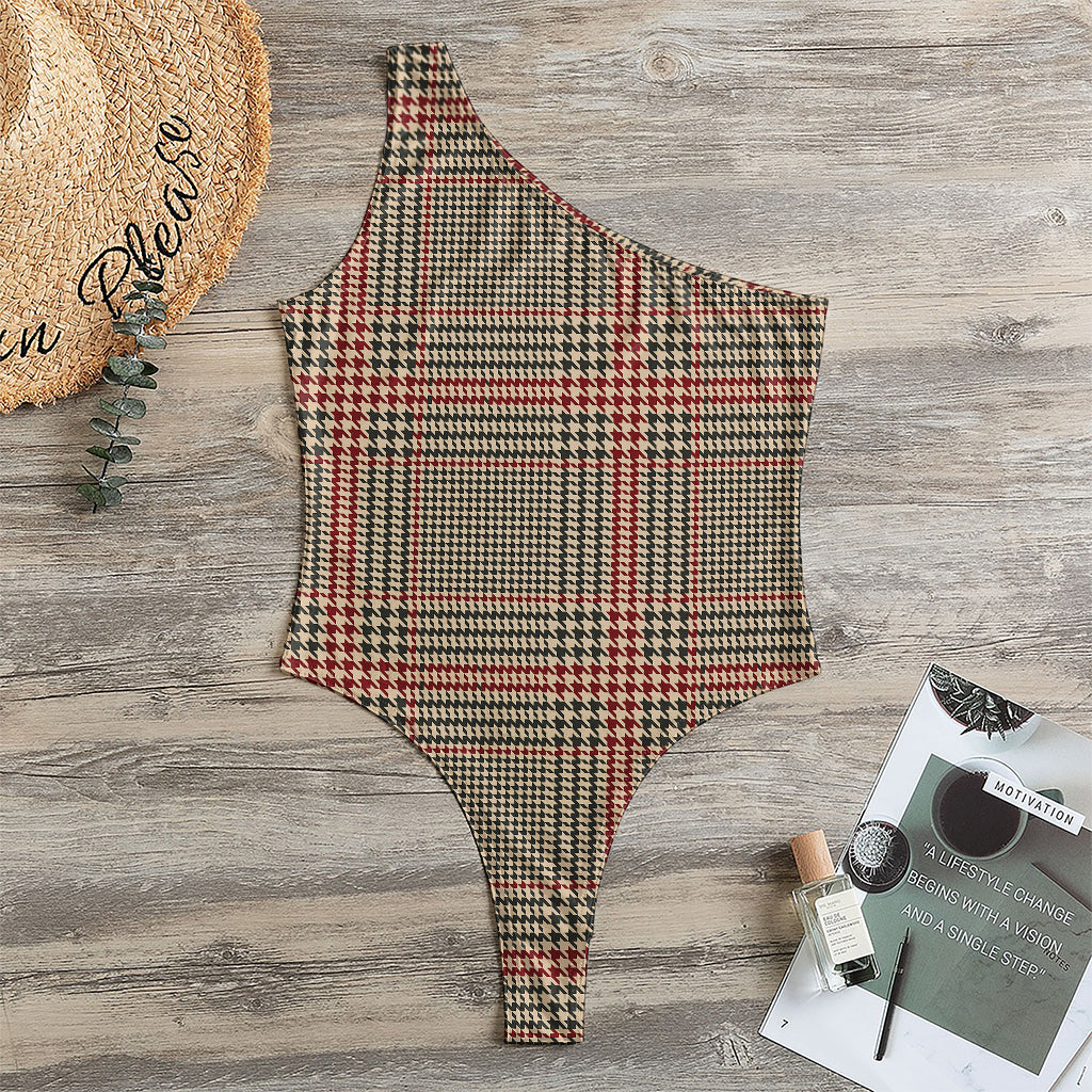 Brown Beige And Red Glen Plaid Print One Shoulder Bodysuit