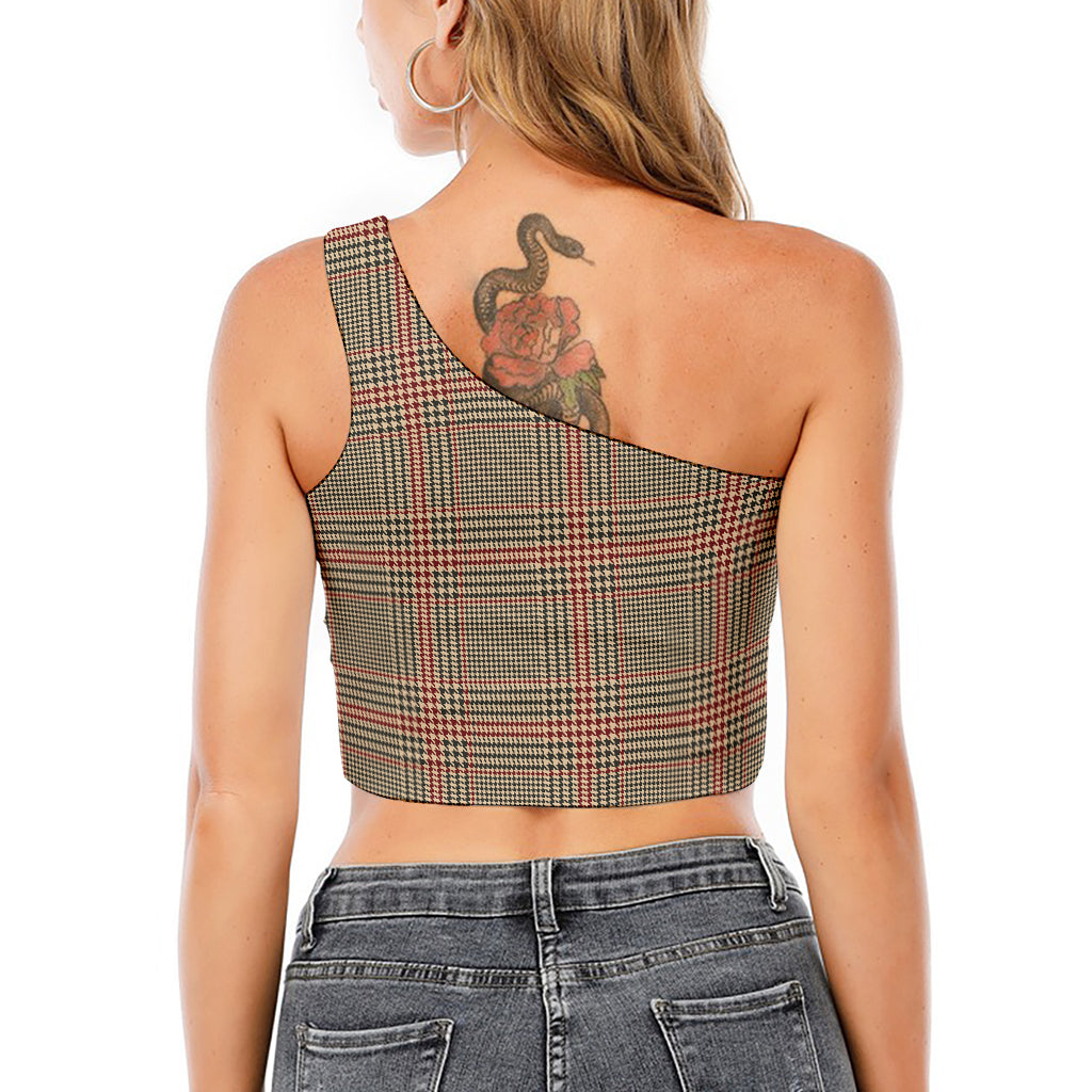 Brown Beige And Red Glen Plaid Print One Shoulder Crop Top