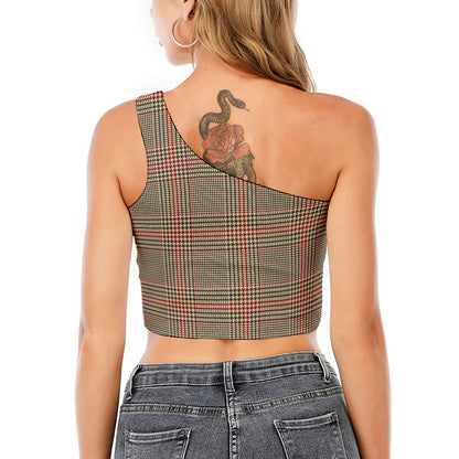 Brown Beige And Red Glen Plaid Print One Shoulder Crop Top