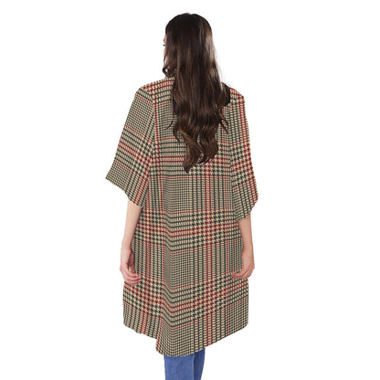 Brown Beige And Red Glen Plaid Print Open Front Beach Cover Up