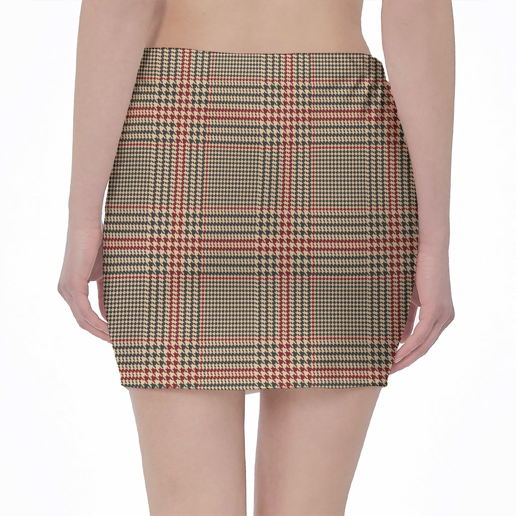 Brown Beige And Red Glen Plaid Print Pencil Mini Skirt