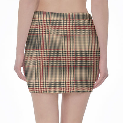 Brown Beige And Red Glen Plaid Print Pencil Mini Skirt