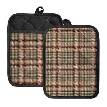 Brown Beige And Red Glen Plaid Print Pot Holders With Pocket