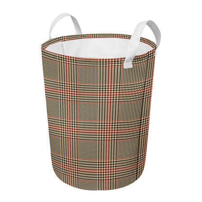 Brown Beige And Red Glen Plaid Print Round Laundry Basket