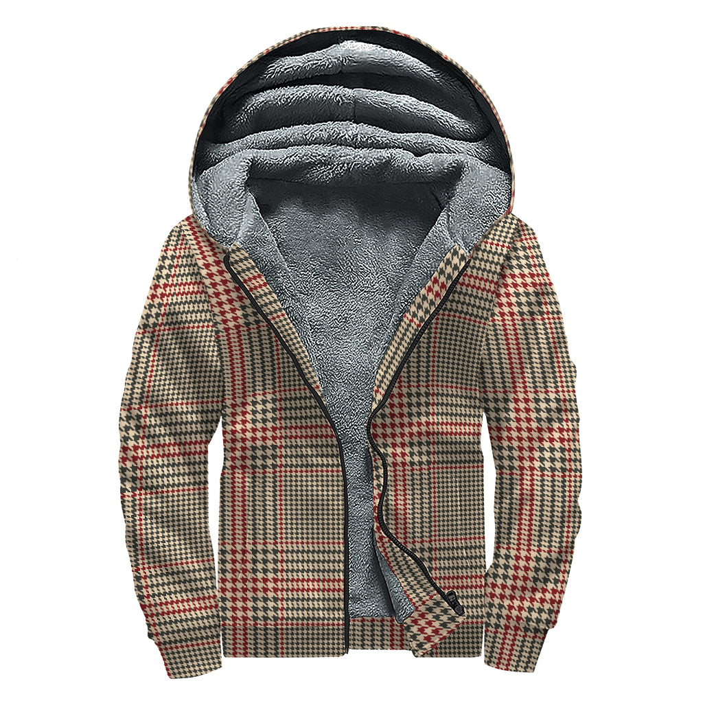 Brown Beige And Red Glen Plaid Print Sherpa Lined Zip Up Hoodie