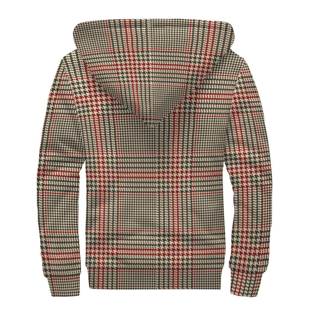 Brown Beige And Red Glen Plaid Print Sherpa Lined Zip Up Hoodie