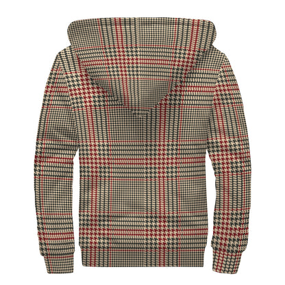 Brown Beige And Red Glen Plaid Print Sherpa Lined Zip Up Hoodie