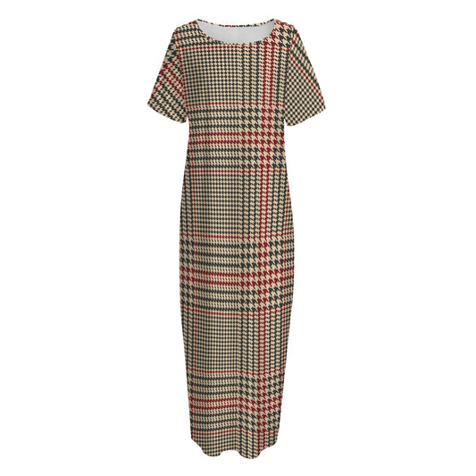 Brown Beige And Red Glen Plaid Print Short Sleeve Long Nightdress