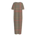 Brown Beige And Red Glen Plaid Print Short Sleeve Long Nightdress