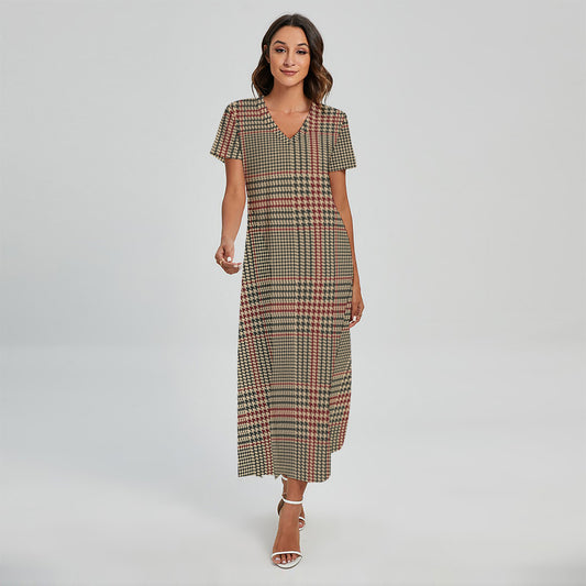 Brown Beige And Red Glen Plaid Print Short Sleeve Maxi Dress