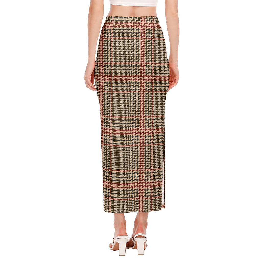 Brown Beige And Red Glen Plaid Print Side Slit Maxi Skirt