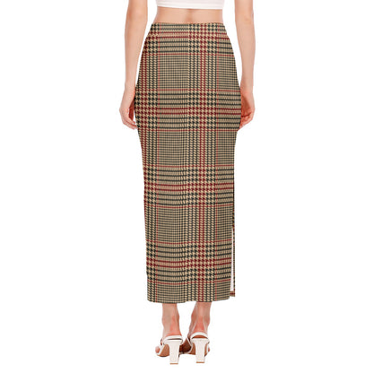 Brown Beige And Red Glen Plaid Print Side Slit Maxi Skirt