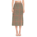Brown Beige And Red Glen Plaid Print Side Slit Midi Skirt