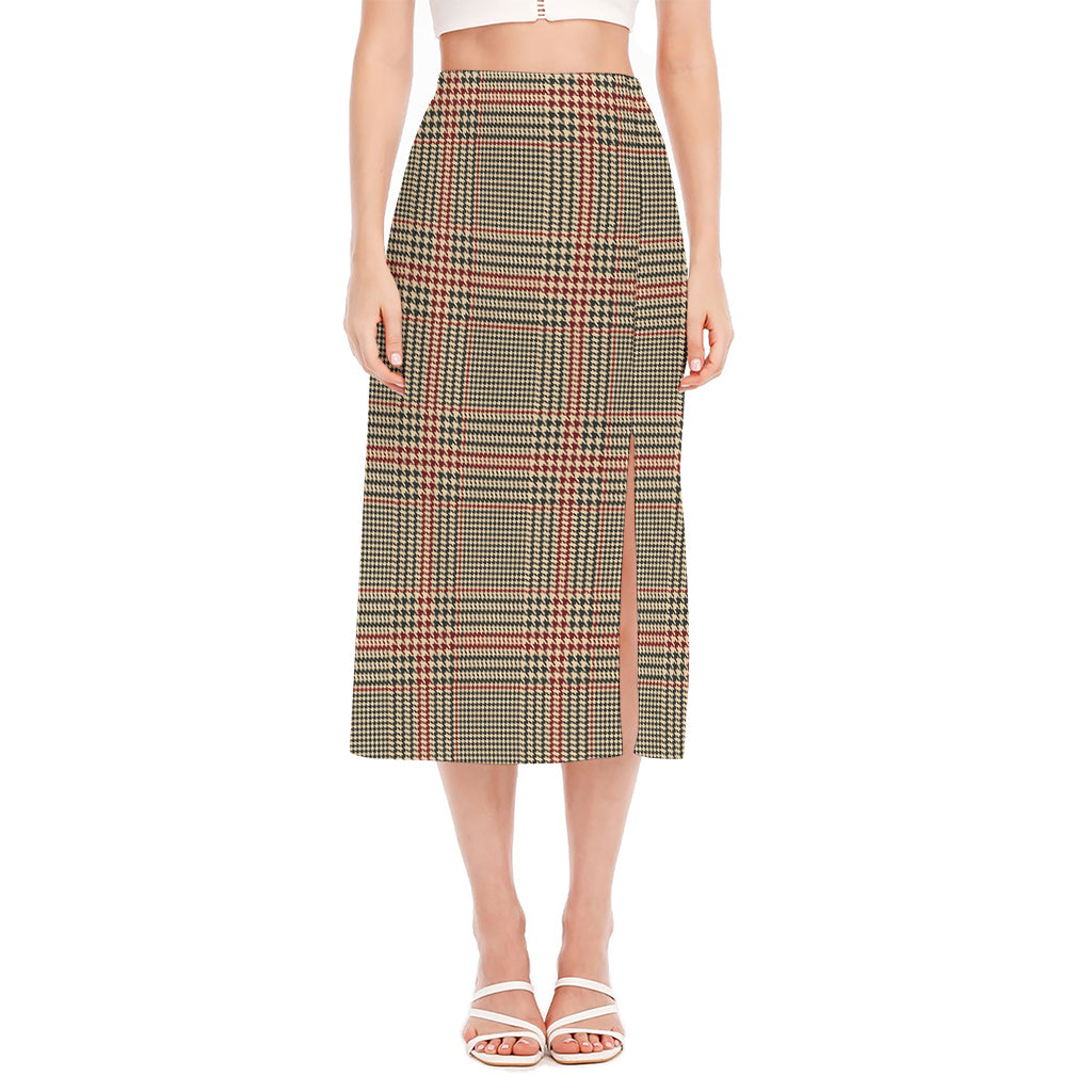 Brown Beige And Red Glen Plaid Print Side Slit Midi Skirt