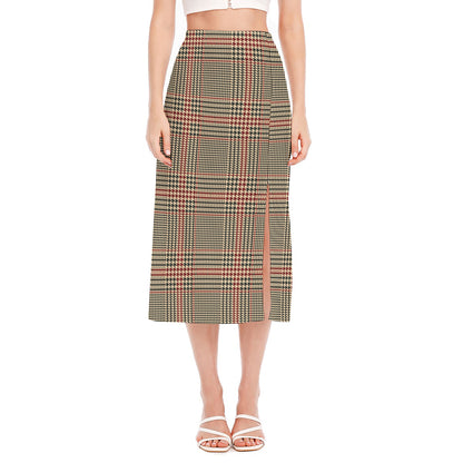 Brown Beige And Red Glen Plaid Print Side Slit Midi Skirt