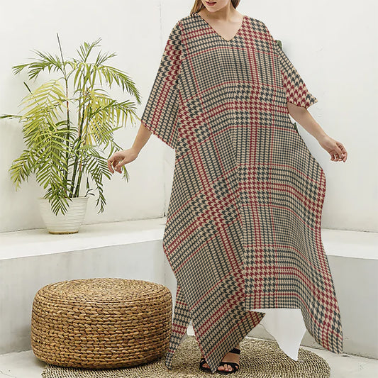Brown Beige And Red Glen Plaid Print Silk V-Neck Kaftan Dress