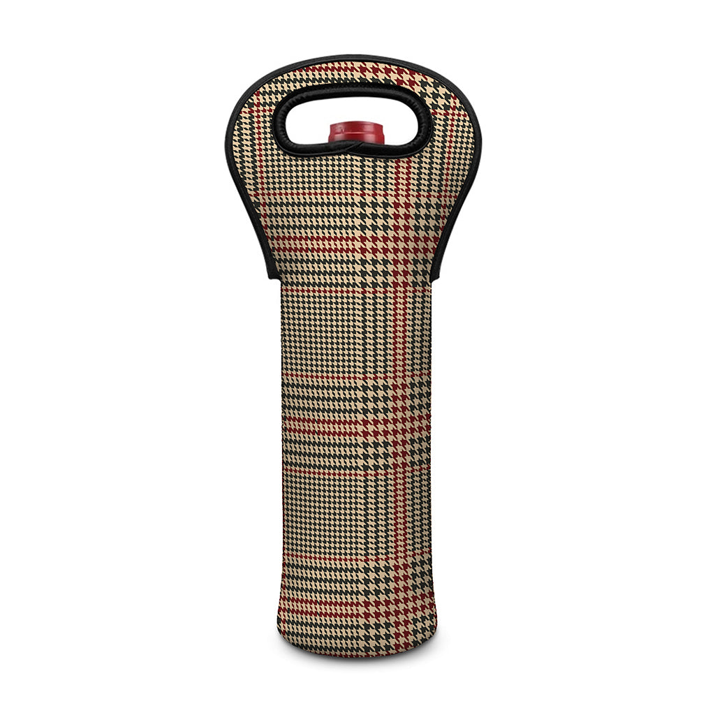 Brown Beige And Red Glen Plaid Print Single Neoprene Wine Tote