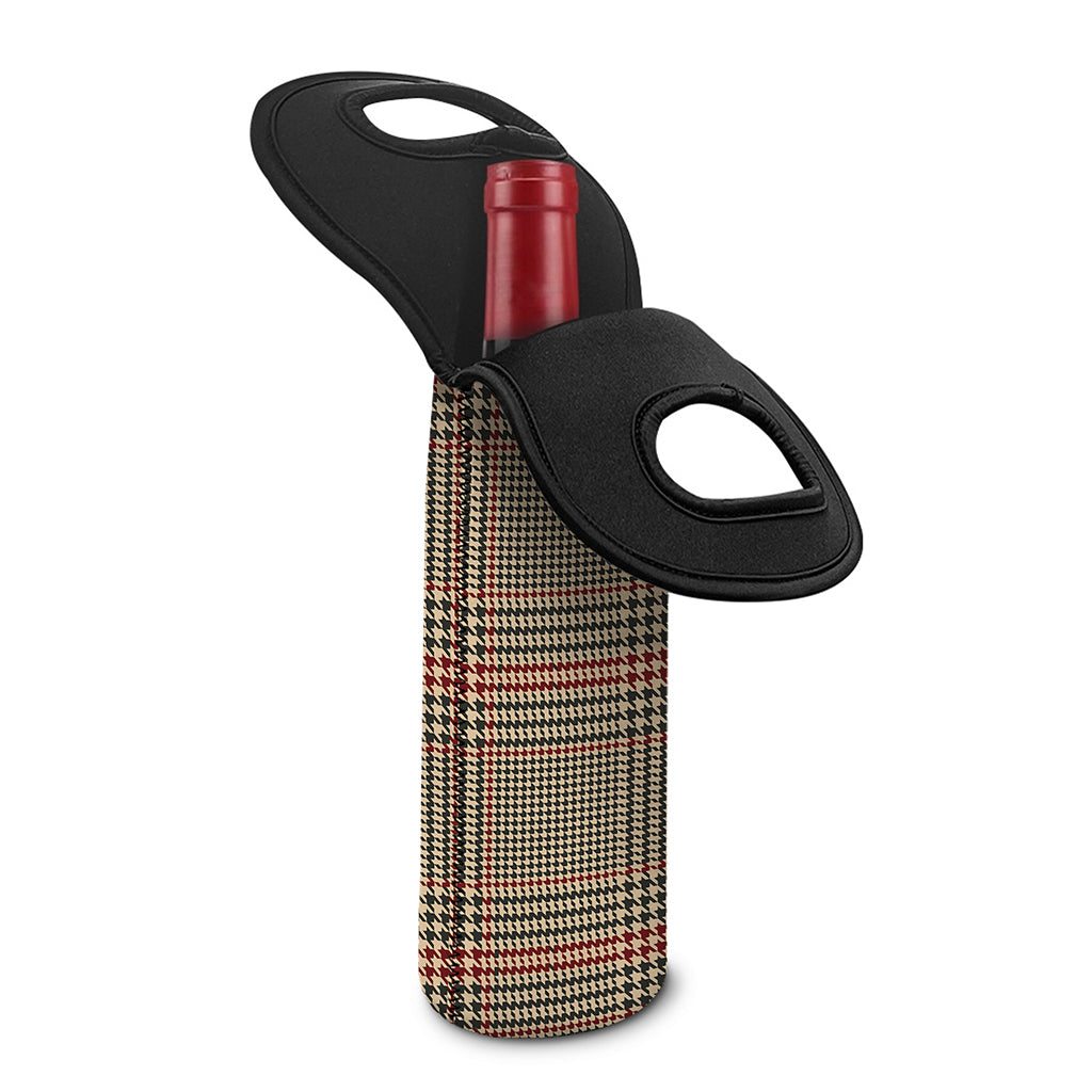 Brown Beige And Red Glen Plaid Print Single Neoprene Wine Tote