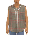 Brown Beige And Red Glen Plaid Print Sleeveless Baseball Jersey