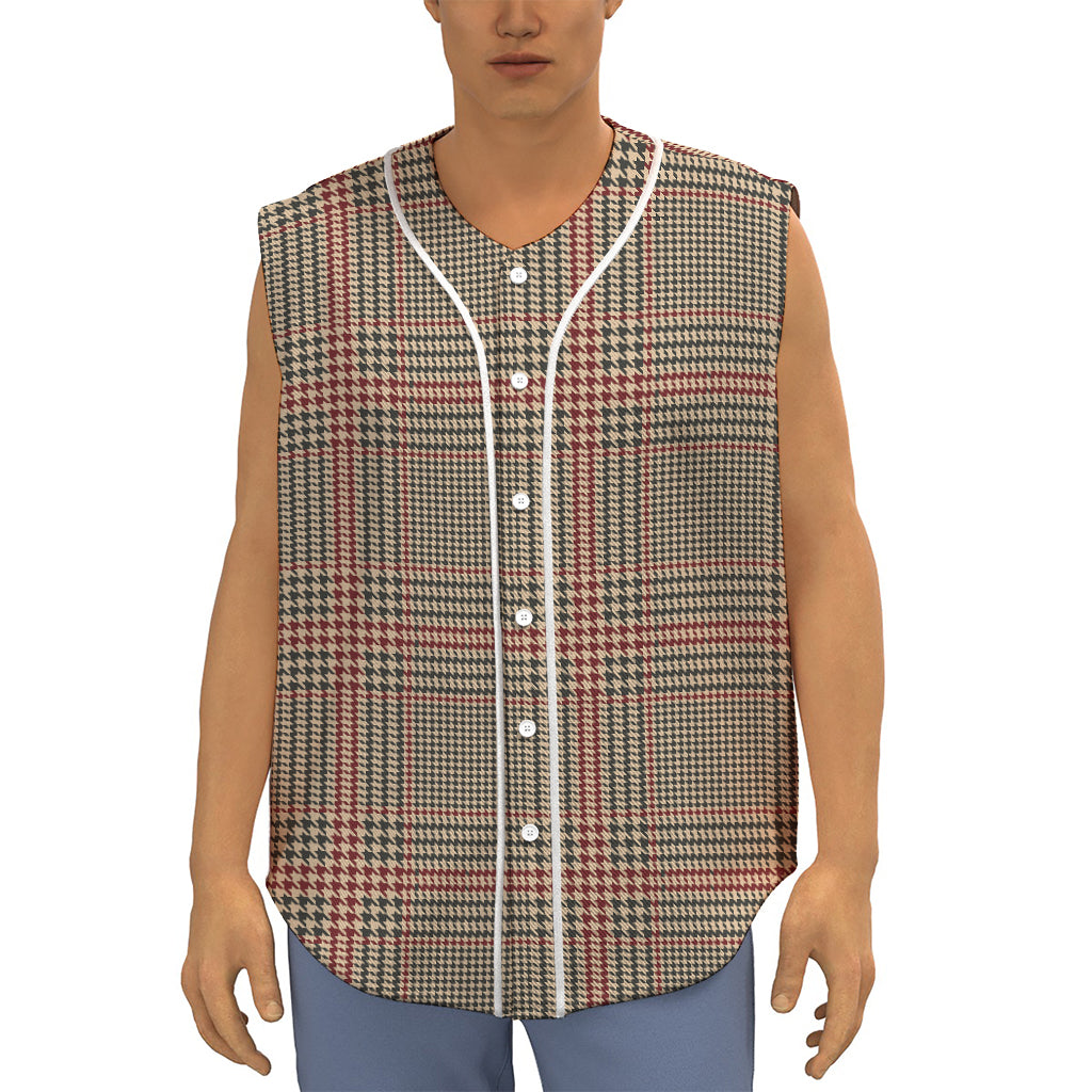 Brown Beige And Red Glen Plaid Print Sleeveless Baseball Jersey