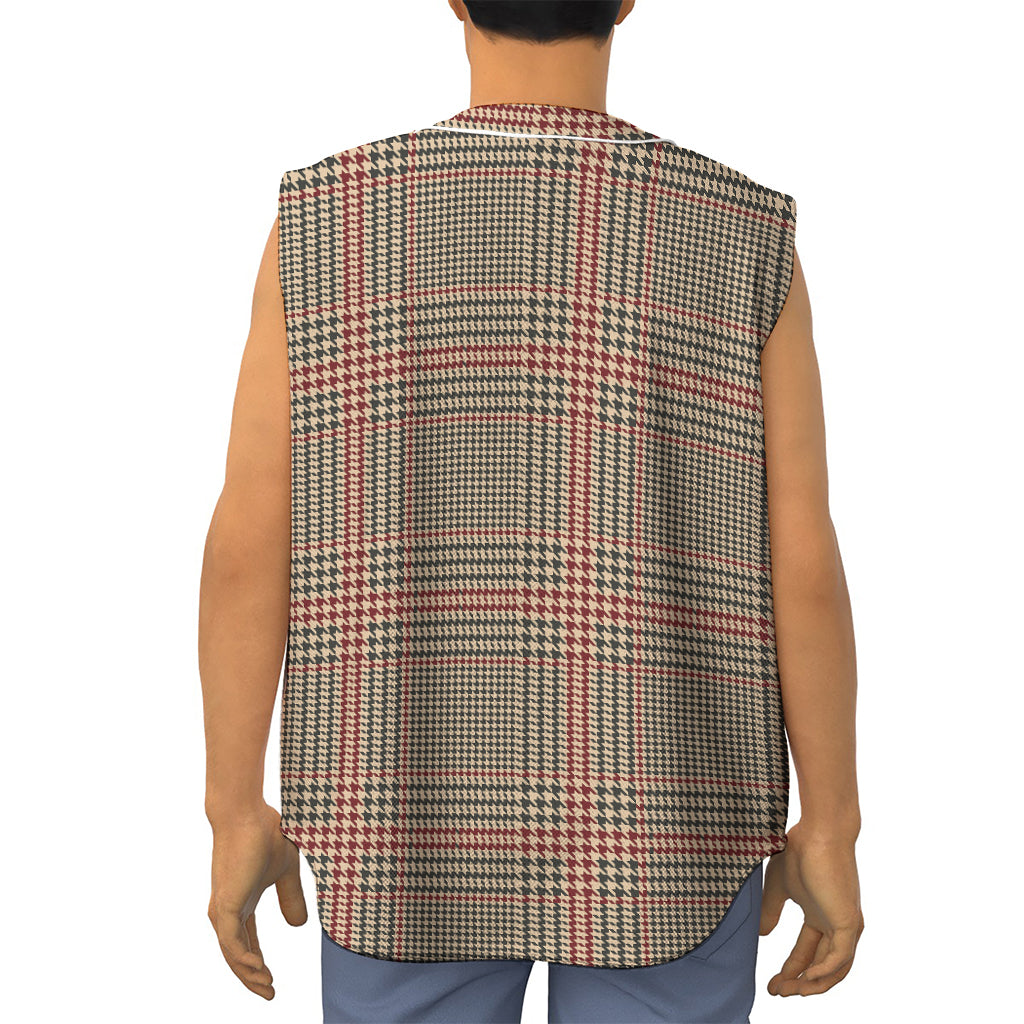 Brown Beige And Red Glen Plaid Print Sleeveless Baseball Jersey