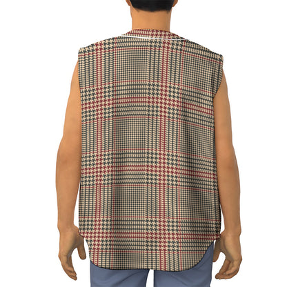 Brown Beige And Red Glen Plaid Print Sleeveless Baseball Jersey