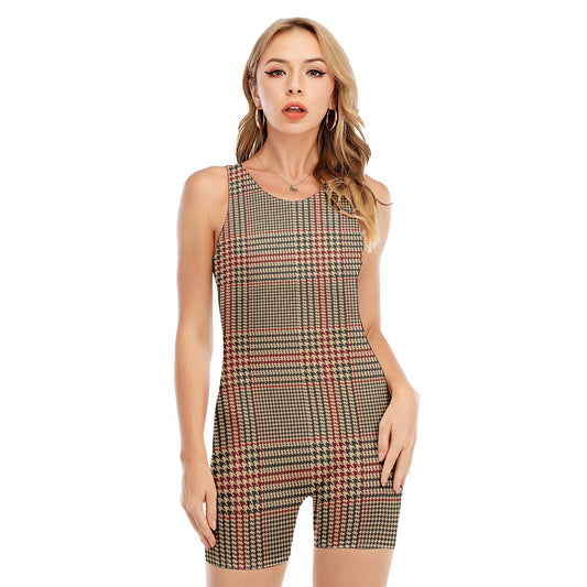 Brown Beige And Red Glen Plaid Print Sleeveless One Piece Swimsuit