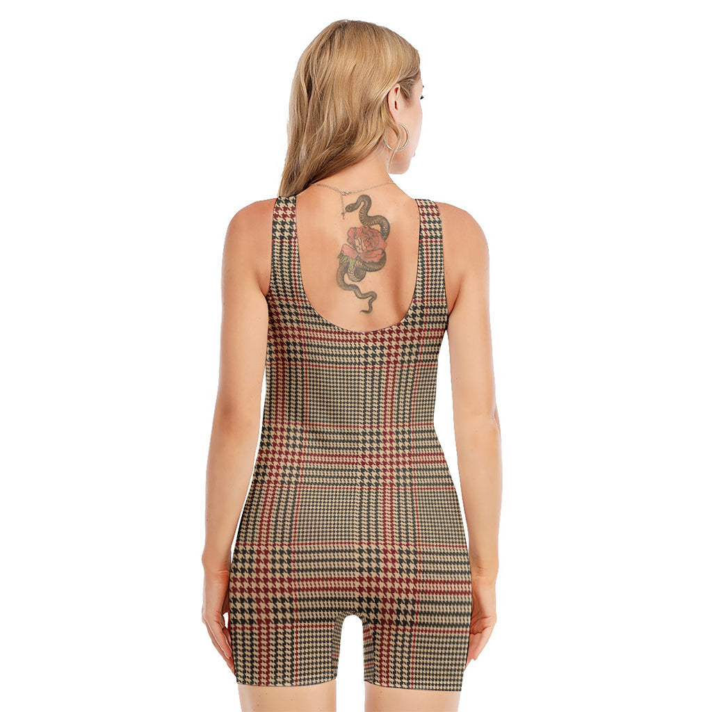 Brown Beige And Red Glen Plaid Print Sleeveless One Piece Swimsuit