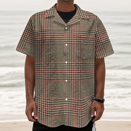 Brown Beige And Red Glen Plaid Print Textured Short Sleeve Shirt