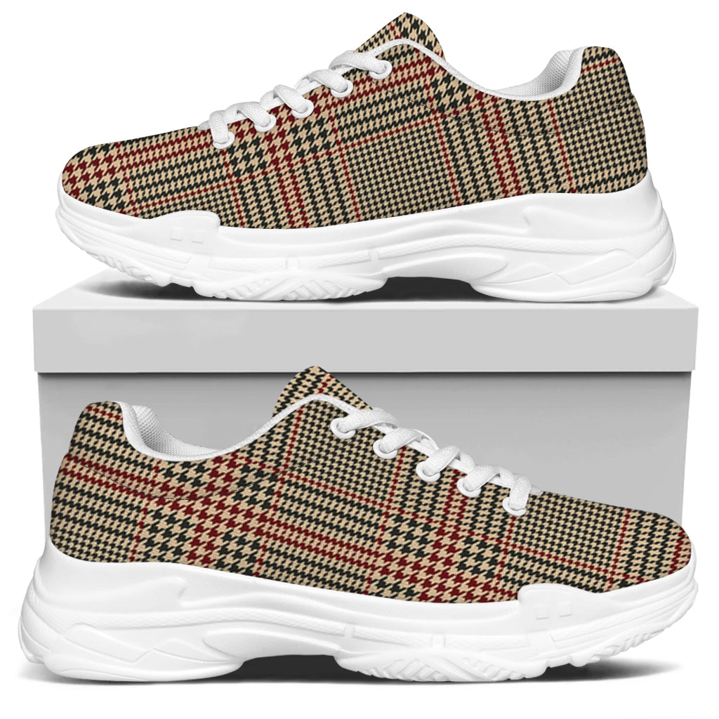 Brown Beige And Red Glen Plaid Print White Chunky Shoes