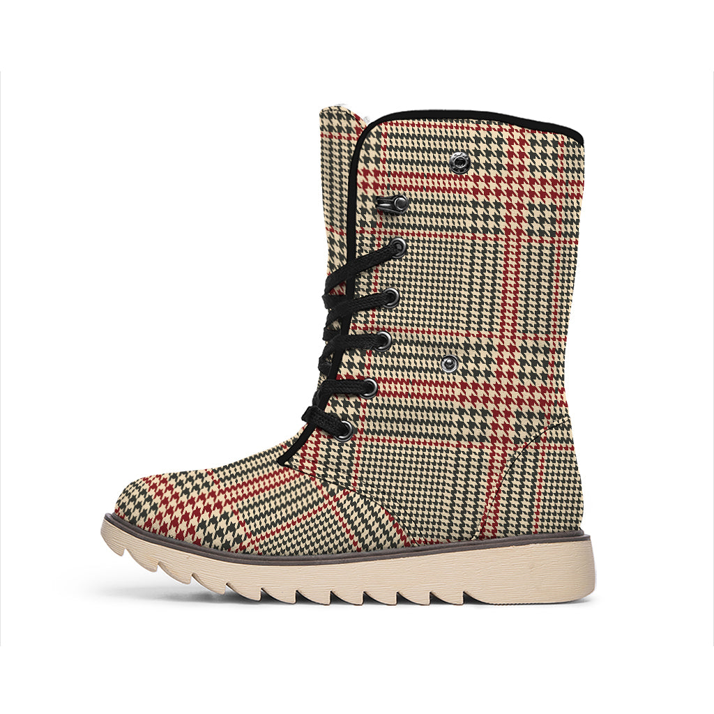 Brown Beige And Red Glen Plaid Print Winter Boots