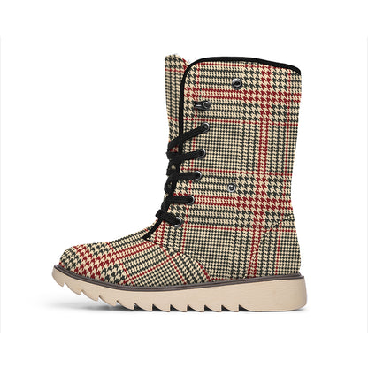 Brown Beige And Red Glen Plaid Print Winter Boots