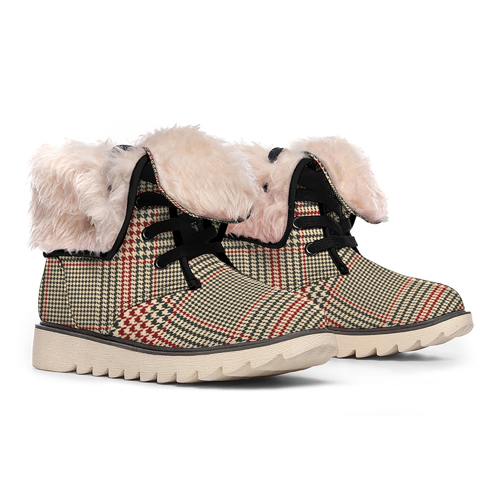 Brown Beige And Red Glen Plaid Print Winter Boots