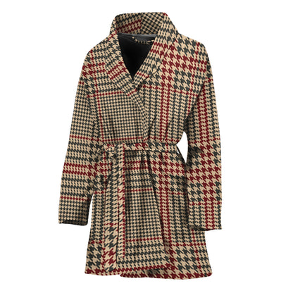 Brown Beige And Red Glen Plaid Print Women's Bathrobe